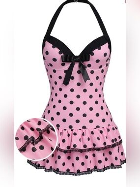 RETRO 1940S PINK/BLACK HALTER BLACK BOW ONE-PIECE SWIMSUIT size L New